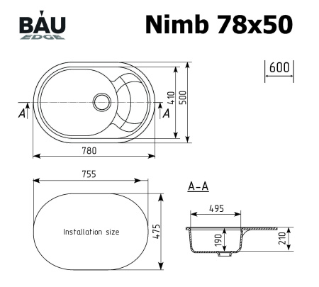 Мойка для кухни оборачиваемая овальная BAU Nimb White snow 78х50, выпуск с сифоном в комплекте, белый снег