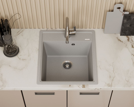 Мойка для кухни врезная кварцевая в комплекте с сифоном BAU Stil Gray silk 46х51, серый шёлк