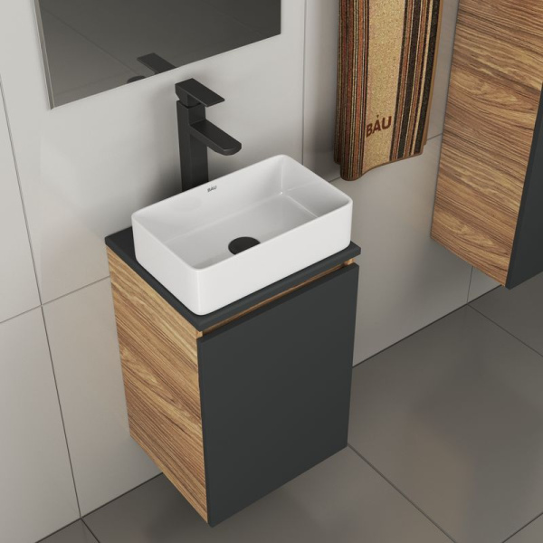 Комплект для ванной, 4 предмета (тумба Bau 40, графит + раковина BAU Hotel mini 38х24 + смеситель Hotel Black, выпуск клик-клак, черный)