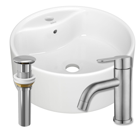 Раковина накладная круглая BAU D40, с отверстием под смеситель, белая + смеситель Dream, нер. сталь, выпуск клик-клак хром)