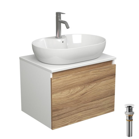 Комплект для ванной, 4 предмета (Тумба подвесная Bau Blackwood 60 + Раковина BAU 60х42, с отв. под см-ль + Смеситель Dream, нерж. сталь, выпуск белый)