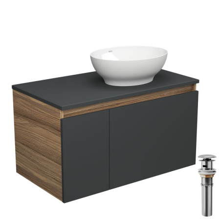 Тумба с раковиной и выпуском (тумба Bau Dream 80, графит + раковина накладная овальная BAU Nimb 41х33, выпуск клик-клак, хром)