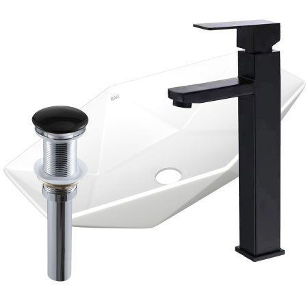 Раковина накладная со смесителем и выпуском (на столешницу BAU Crystal 64х40, белая + смеситель Hotel Black, черный, выпуск клик-клак черный)