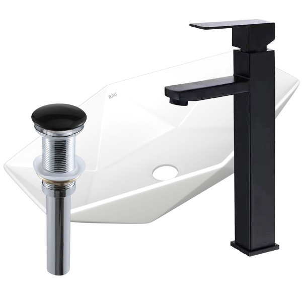Раковина накладная со смесителем и выпуском (на столешницу BAU Crystal 64х40, белая + смеситель Hotel Black, черный, выпуск клик-клак черный)