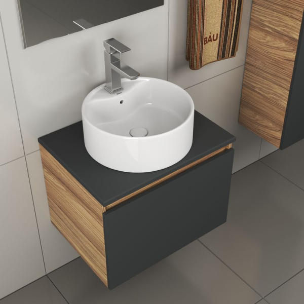 Комплект для ванной, 4 предмета (тумба Bau 60, графит + раковина BAU D40, с отв. под смеситель + смеситель Hotel Still, выпуск клик-клак, белый)