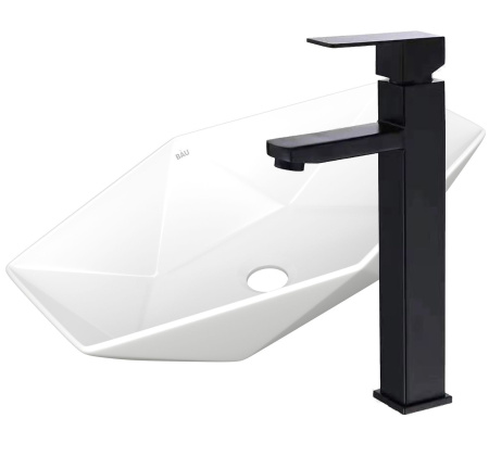 Раковина накладная со смесителем (на столешницу BAU Crystal 64х40, белая + смеситель высокий Hotel Black, черный)
