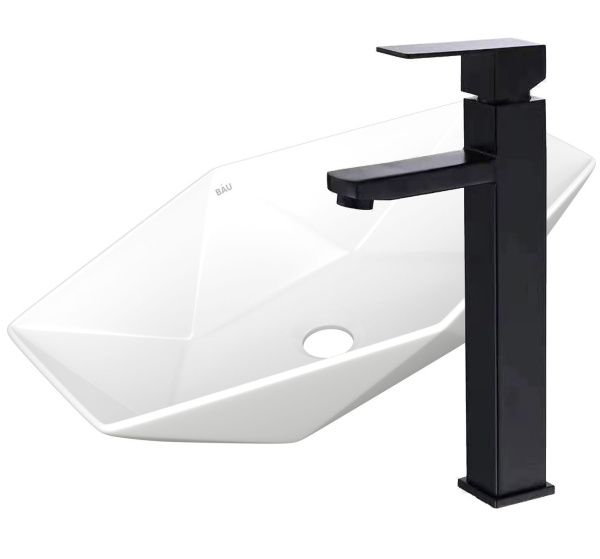 Раковина накладная со смесителем (на столешницу BAU Crystal 64х40, белая + смеситель высокий Hotel Black, черный)