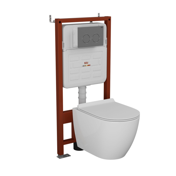 Комплект BAU 6 в 1: усиленная инсталляция BAU IDEAL, унитаз подвесной безободковый Bau Dream, сиденье дюропласт микролифт, клавиша BAU Round Gun gray, серый металлик