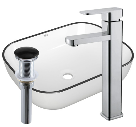 Раковина накладная со смесителем и выпуском (прямоугольная BAU Stil 50х40, белая + смеситель Hotel Still, нер. сталь, выпуск клик-клак черный)