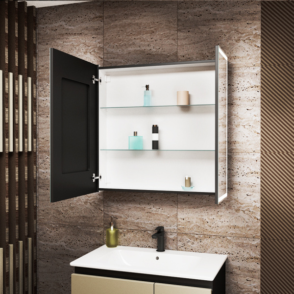 Зеркало-шкаф Bau Elite 80х80 Black Edition Soft touch, LED, сенсор, розетка, черный оборачиваемый