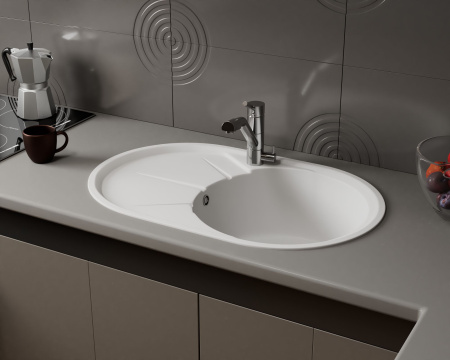 Мойка для кухни оборачиваемая овальная BAU Nimb White snow 75х48, выпуск с сифоном в комплекте, белый снег