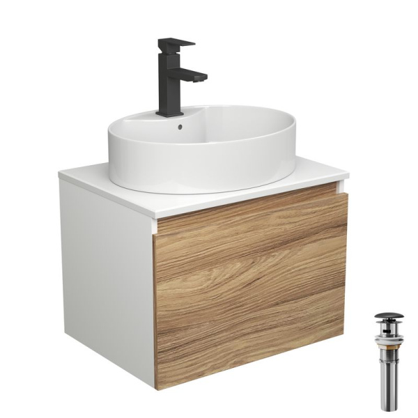 Комплект для ванной, 4 предмета (Тумба подвесная Bau Blackwood 60 + Раковина BAU 51х41, с отв. под см-ль + Смеситель Hotel Black, выпуск черный)