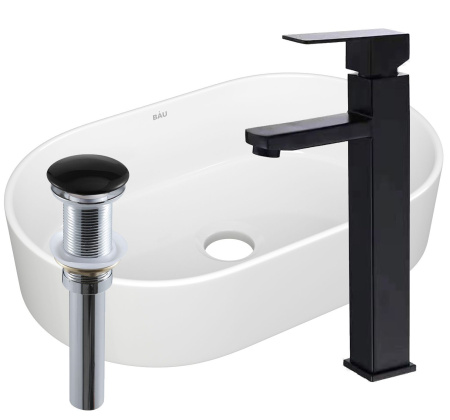 Раковина накладная со смесителем и выпуском (овальная BAU Nimb 56х36, белая + смеситель Hotel Black, черный, выпуск клик-клак черный)