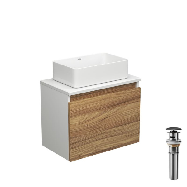 Тумба с раковиной и выпуском (тумба подвесная Bau Dream 50 + раковина BAU Hotel mini 37х23, белая, выпуск клик-клак, черный)