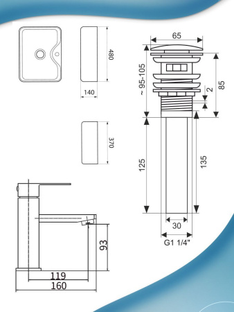 Раковина накладная со смесителем и выпуском (прямоугольная BAU 48х37, смеситель Hotel Still, клик-клак белый)
