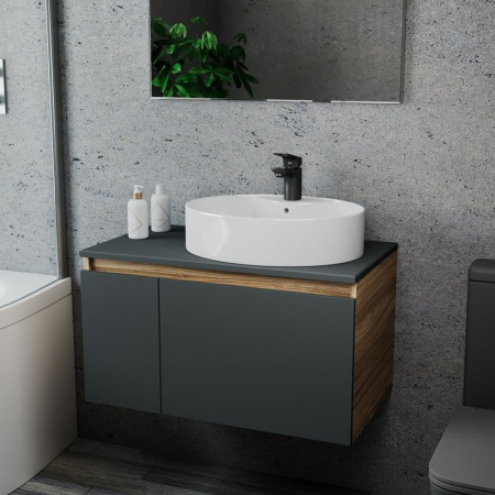 Комплект для ванной, 3 предмета (Тумба подвесная Bau Blackwood 80 графит + Раковина BAU 51х41, с отв. под см-ль, Смеситель Cerama Black, черный)