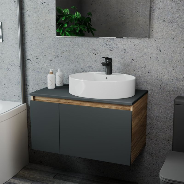 Комплект для ванной, 3 предмета (Тумба подвесная Bau Blackwood 80 графит + Раковина BAU 51х41, с отв. под см-ль, Смеситель Cerama Black, черный)