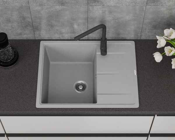 Мойка для кухни врезная кварцевая в комплекте с сифоном BAU Stil Gray silk 65х51, серый шёлк
