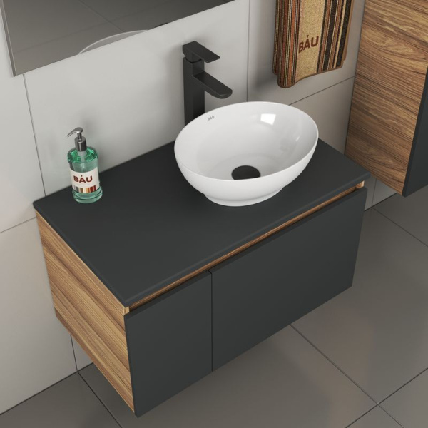 Комплект для ванной, 4 предмета (тумба Bau 80, графит + раковина BAU Nimb 41х33 + смеситель Hotel Black, выпуск клик-клак, черный)