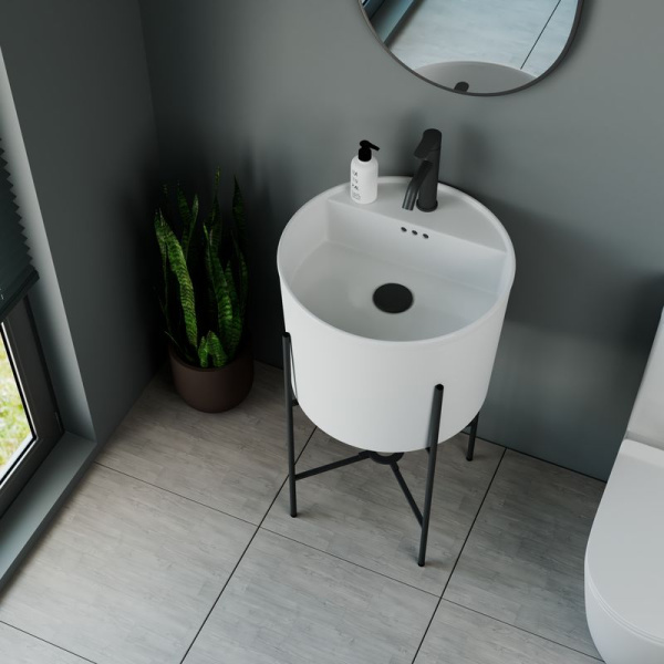 Раковина напольная с металлическими ножками и выпуском (BAU Omega белая + смеситель Dream Black, выпуск клик-клак черный)