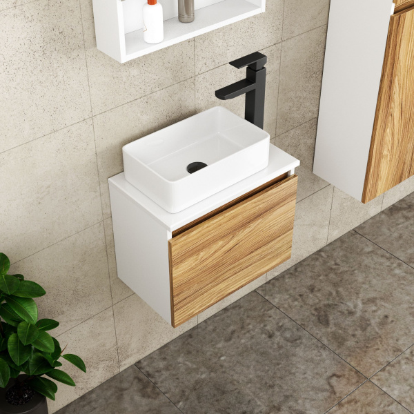 Комплект для ванной, 4 предмета (Тумба Bau Dream Blackwood 50, раковина BAU Mini 38х24, смеситель для раковины высокий Hotel Black, черный, выпуск клик клак, черный)