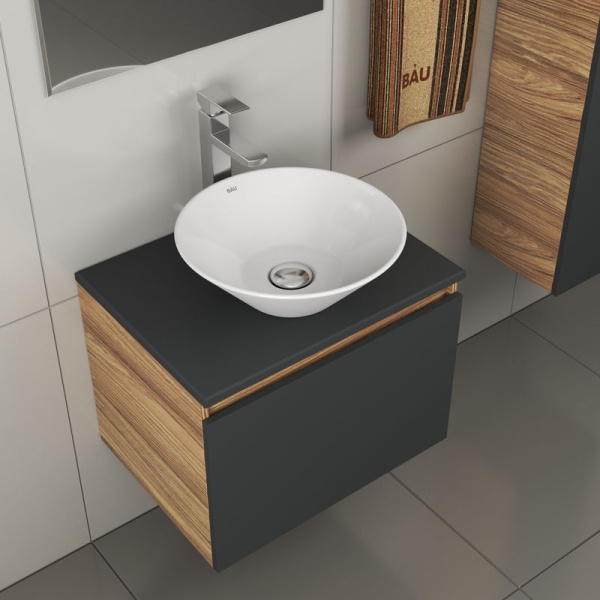 Комплект для ванной, 4 предмета (тумба Bau 60, графит + раковина BAU Dream D43 + смеситель Hotel Still, выпуск клик-клак, хром)