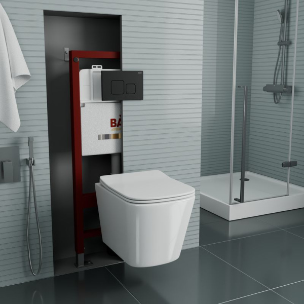 Комплект BAU 6 в 1: инсталляция BAU PRO, Унитаз подвесной безободковый Bau Stil 49x35, сиденье дюропласт микролифт, клавиша BAU Soul, черная матовая