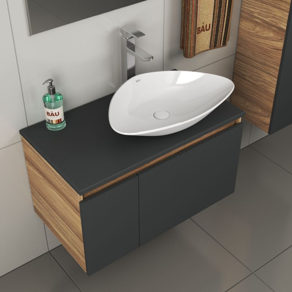 Комплект для ванной, 4 предмета (тумба Bau 80, графит + раковина BAU Triangle 59х39 + смеситель Hotel Still, выпуск клик-клак, белый)