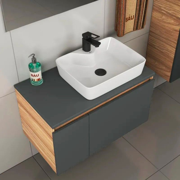 Комплект для ванной, 4 предмета (тумба Bau Dream 80 графит + раковина BAU 48х37, с отв. под смеситель + смеситель Cerama Black, выпуск клик-клак, черный)