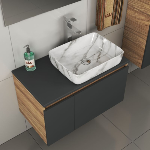 Комплект для ванной, 4 предмета (тумба Bau 80, графит + раковина BAU Hotel 48х37 + смеситель Hotel Still, выпуск клик-клак, хром)