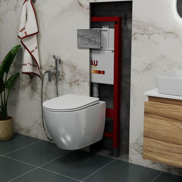 Комплект BAU 6 в 1: инсталляция BAU PRO, унитаз подвесной безободковый Bau Dream 49,5х36, сиденье дюропласт микролифт, клавиша BAU Soul, хром