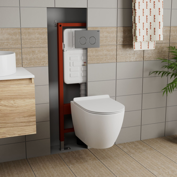 Комплект BAU 6 в 1: усиленная инсталляция BAU IDEAL, унитаз подвесной безободковый Bau Dream, сиденье дюропласт микролифт, клавиша BAU Round Gun gray, серый металлик