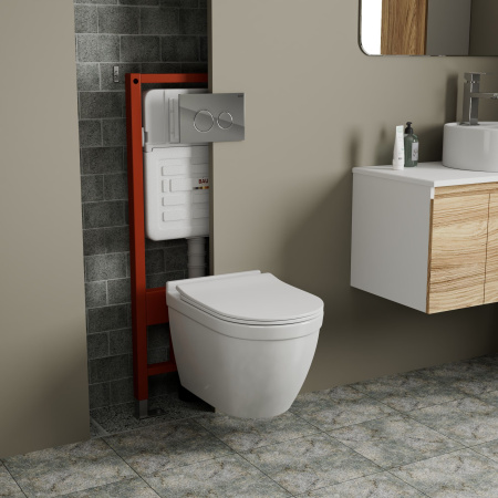 Комплект BAU 6 в 1: усиленная инсталляция BAU IDEAL, унитаз подвесной безободковый Bau Mif PRO, сиденье микролифт, клавиша BAU Wheel антивандальная, нерж. сталь хром