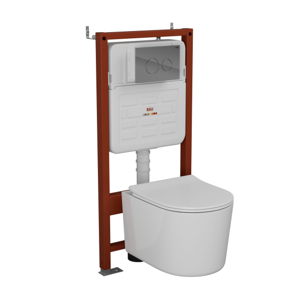 Комплект BAU 6 в 1: усиленная инсталляция BAU IDEAL, унитаз подвесной безободковый Bau Hotel PRO, сиденье микролифт, клавиша BAU Wheel антивандальная, нерж. сталь хром