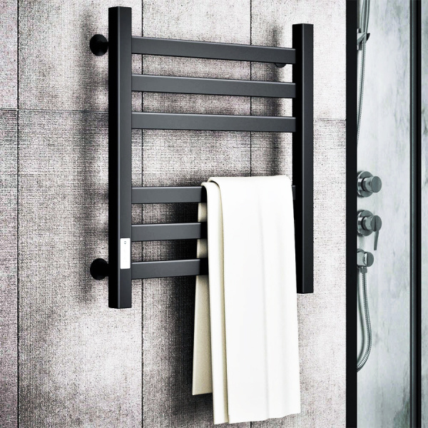 Полотенцесушитель электрический профильный Маргроид BAU В81/10 50х60, 2 вставки 3х3 размер 30*10, черный матовый RAL 9005 с таймером слева