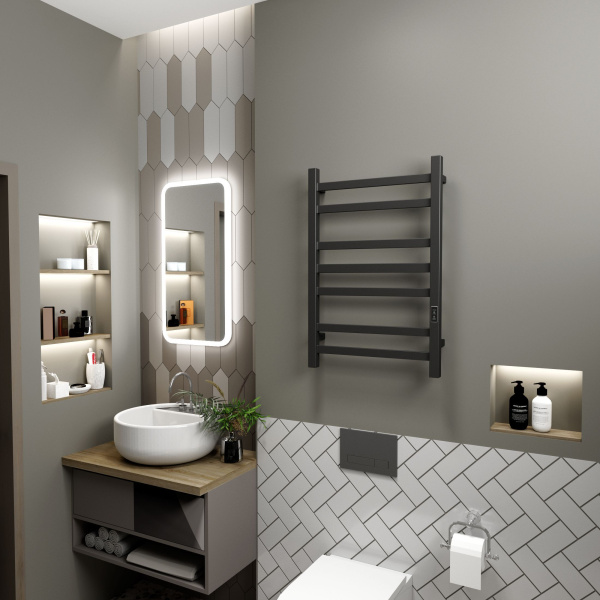 Полотенцесушитель электрический профильный BAU Hotel 50х80, 7 планок, универсальный, черный матовый RAL 9005