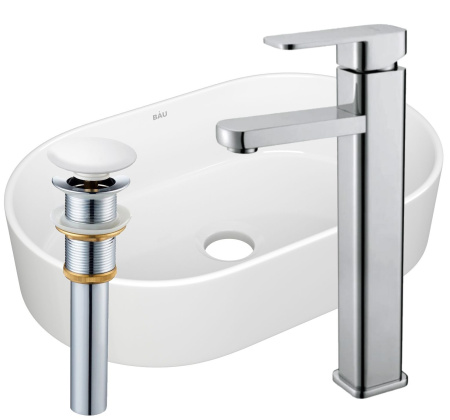 Раковина накладная со смесителем и выпуском (овальная BAU Nimb 56х36, белая + смеситель Hotel Still, нер. сталь, выпуск клик-клак белый)