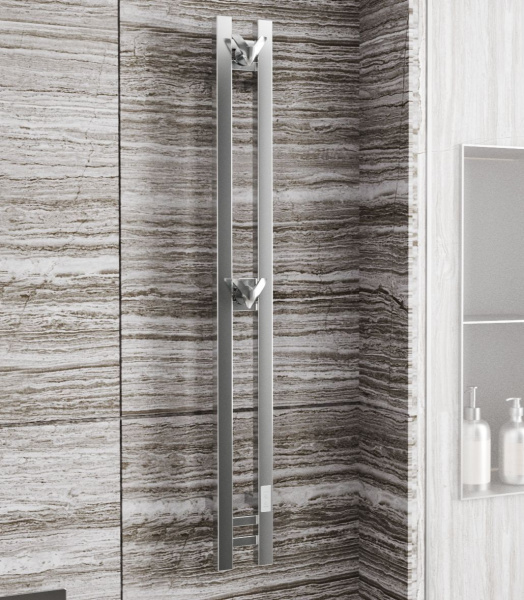 Полотенцесушитель дизайнерский электрический, профильный BAU Stella Square 10х120, 2 коллектора, 2 крючка, нерж. сталь полированная