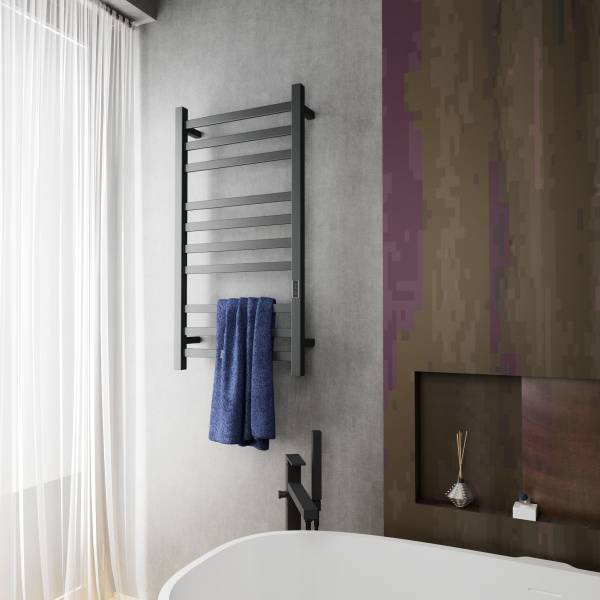 Полотенцесушитель электрический профильный BAU Hotel 50х100, 10 планок, универсальный, черный матовый RAL 9005