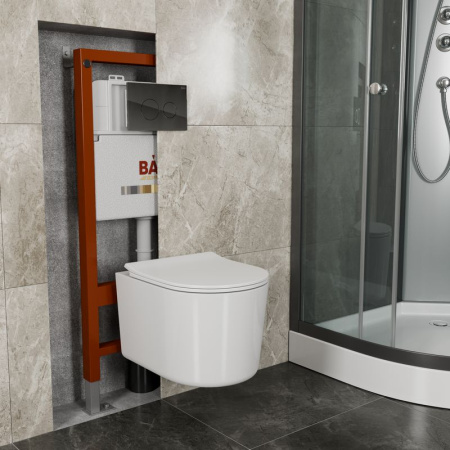 Комплект BAU 6 в 1: инсталляция BAU PRO, унитаз подвесной безободковый Bau Hotel PRO, сиденье быстросъемное микролифт, клавиша из стекла Dream, черная