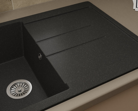 Мойка для кухни оборачиваемая с крылом BAU Stil Black stone 77х50, выпуск с сифоном в комплекте, черный камень