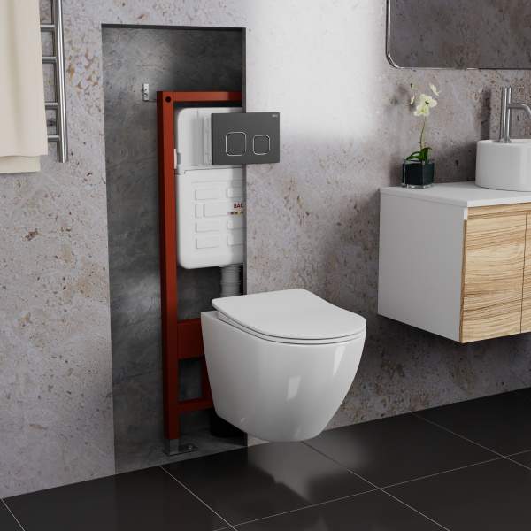 Комплект BAU 6 в 1: усиленная инсталляция BAU IDEAL, унитаз подвесной безободковый Bau Dream PRO-2, сиденье микролифт, клавиша BAU Strike, черная матовая