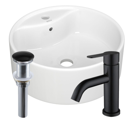 Раковина круглая накладная BAU D40, с отв. под смеситель, белая + смеситель Dream Black, черный, выпуск клик-клак черный