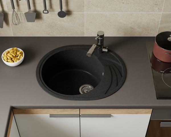 Мойка для кухни оборачиваемая овальная BAU Nimb Black stone 58х47, выпуск с сифоном в комплекте, черный камень