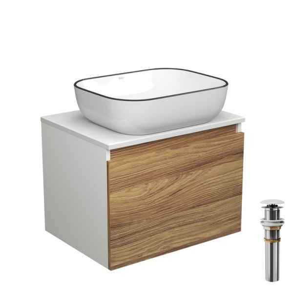 Тумба с раковиной и выпуском (тумба подвесная Bau Dream 60 + раковина BAU Stil Black Rand 50х40, белая, выпуск клик-клак, белый)