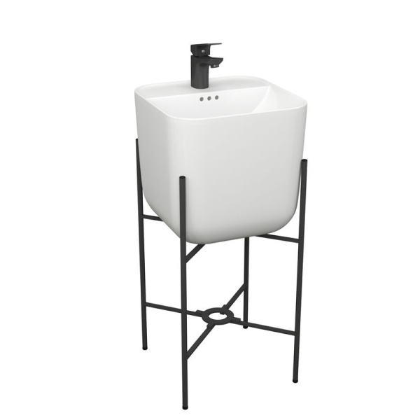 Раковина напольная с металлическими ножками (BAU Soul белая + смеситель Cerama Black, черный)