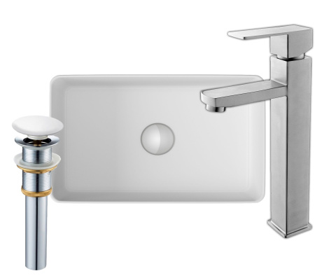 Раковина накладная со смесителем и выпуском (Умывальник BAU Mini прямоугольный, 38х24 белый + смеситель для раковины высокий Hotel Still, выпуск клик клак, белый)