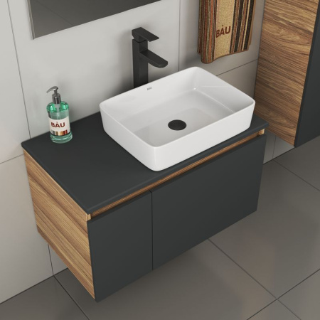 Комплект для ванной, 4 предмета (тумба Bau 80, графит + раковина BAU Hotel 48х37 + смеситель Hotel Black, выпуск клик-клак, черный)