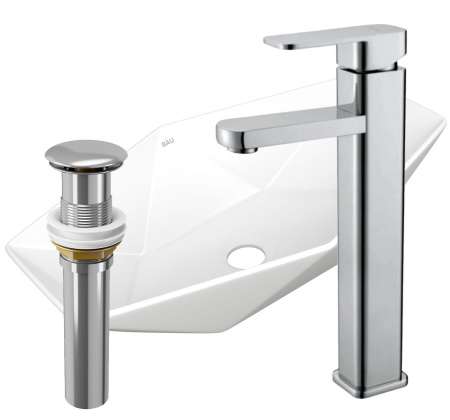 Раковина накладная со смесителем и выпуском (на столешницу BAU Crystal 64х40, белая + смеситель Hotel Still, нер. сталь, выпуск клик-клак хром)