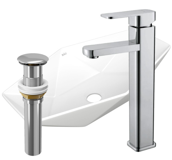 Раковина накладная со смесителем и выпуском (на столешницу BAU Crystal 64х40, белая + смеситель Hotel Still, нер. сталь, выпуск клик-клак хром)